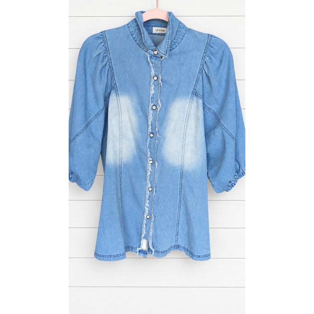 NWOT Woman’s Ursime Medium Blue Denim Shirt Puff Lantern Sleeve XL